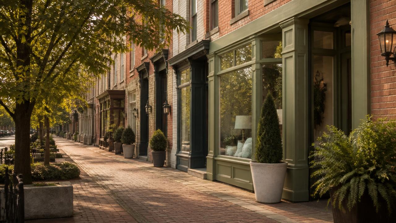 Boutique storefronts along a historic Indianapolis street