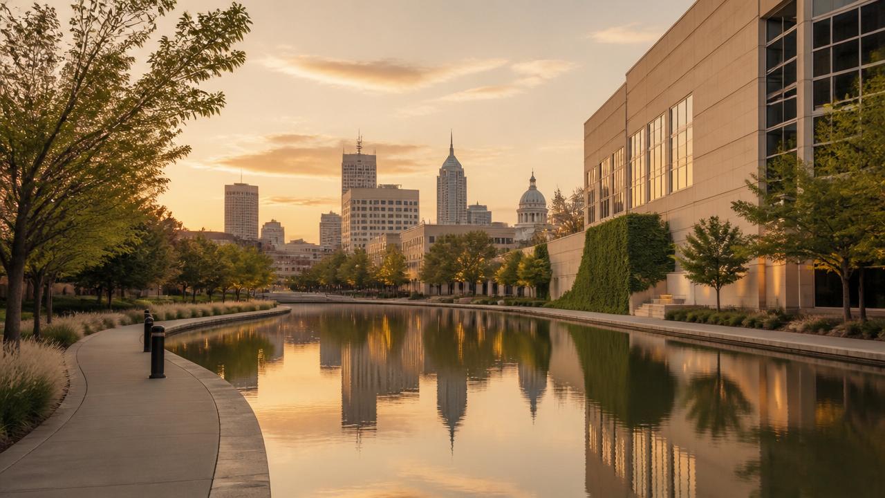 Calm waterway reflecting the Indianapolis skyline
